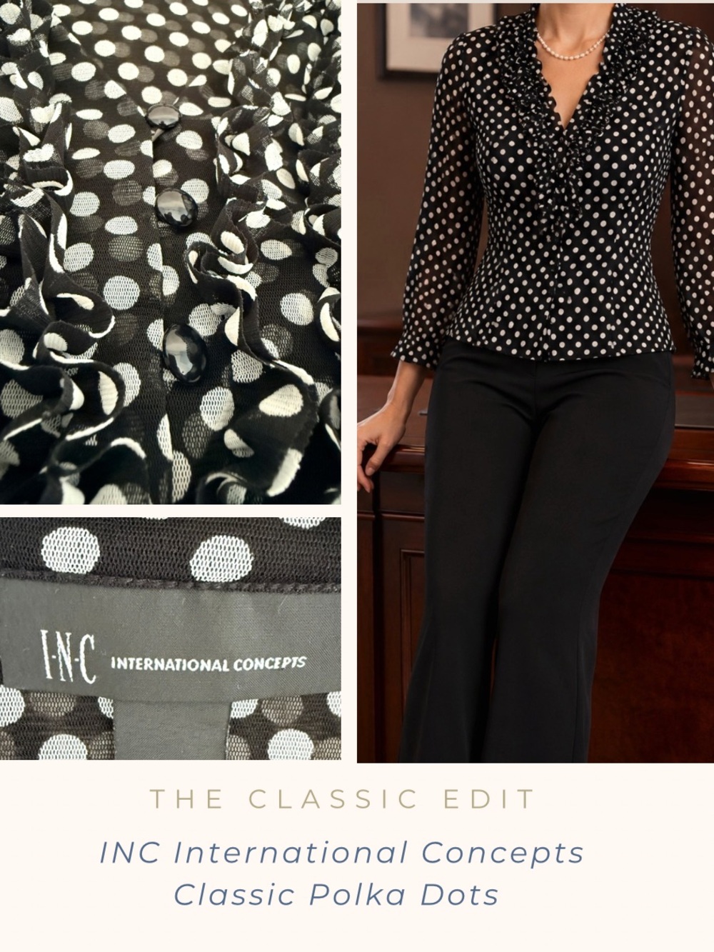 INC International Concepts | Black & White Polka Dot Ruffle Blouse | 3/4 sleeve
